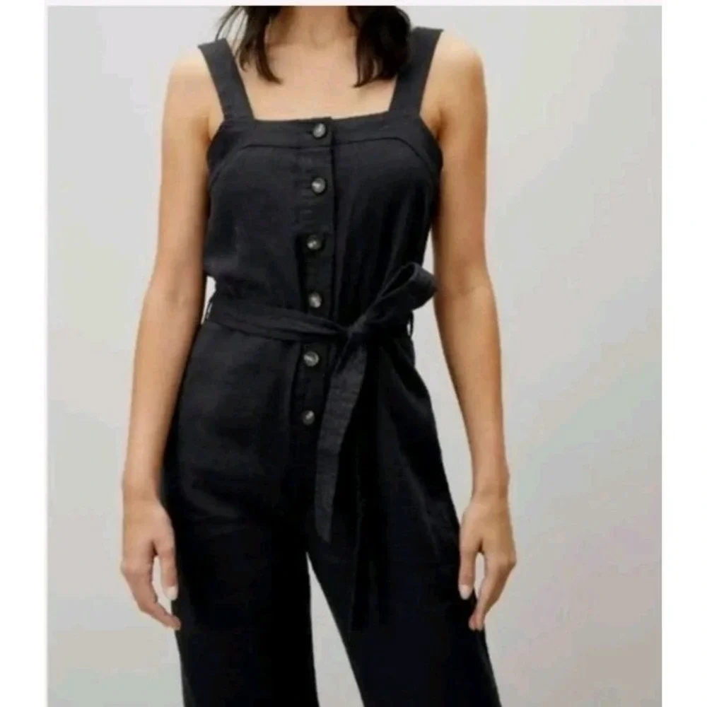 Everlane Linen Picnic Jumpsuit Womens 12 Black Button Belted Adjustable Straps